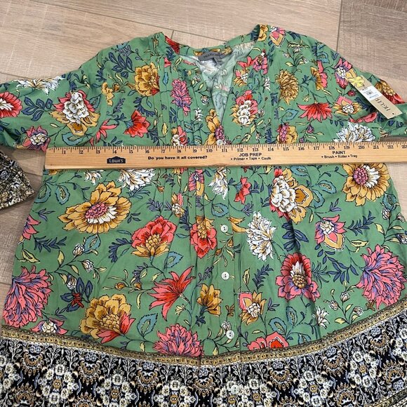 Figueroa & Flower Womens Floral Green Peasant Top With Border Detail Large new - Picture 4 of 8